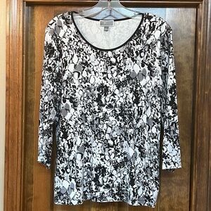 JM Collection Pullover 3/4 Sleeve Knit Top Black White Gray Sz L EUC‎